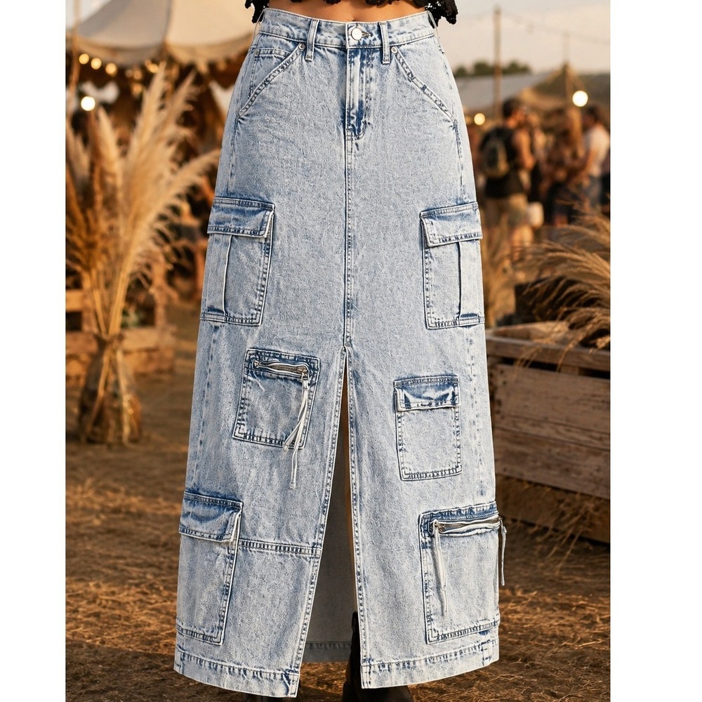 GAP Womens Light Acid Wash Denim Cargo Maxi Skirt Size 27 4 Blue Multi Pocket